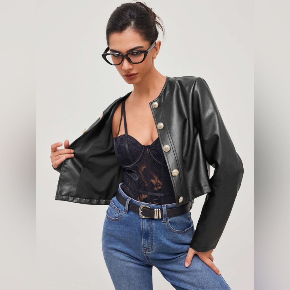 Cider black faux leather round neckline solid button jacket